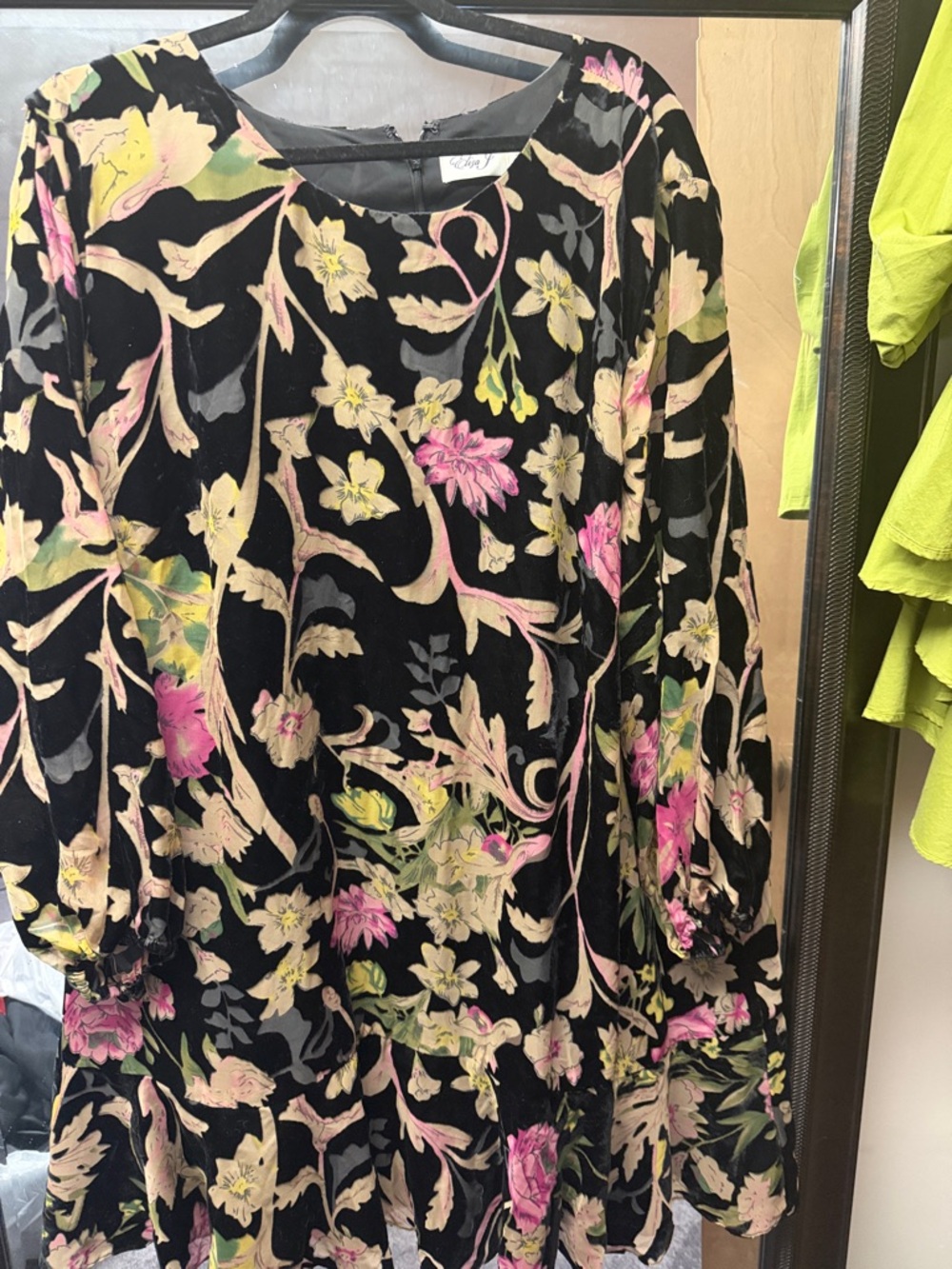 Eliza J Black Velvet Dress with Pink and Cream Floral Accents